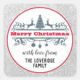 Adesivo Quadrado Chic e Festivo Vermelho Feliz Prata de Natal