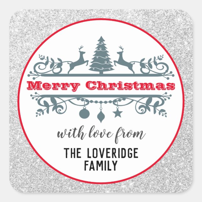 Adesivo Quadrado Chic e Festivo Vermelho Feliz Prata de Natal (Frente)