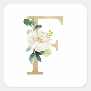 Adesivo Quadrado Chic Faux Gold Foil White Flower Letra F Monograma