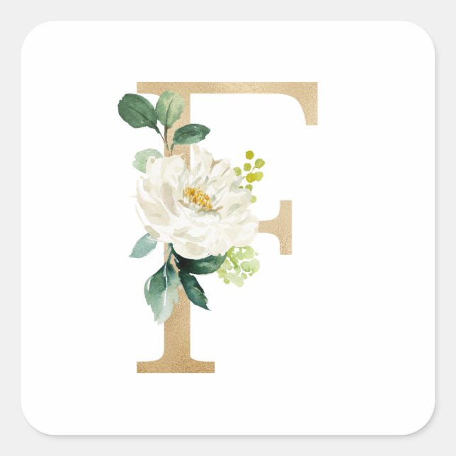Adesivo Quadrado Chic Faux Gold Foil White Flower Letra F Monograma (Frente)