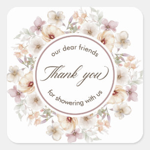 Adesivo Quadrado Chic Floral Aquarela Obrigado Chuveiro de Noiva