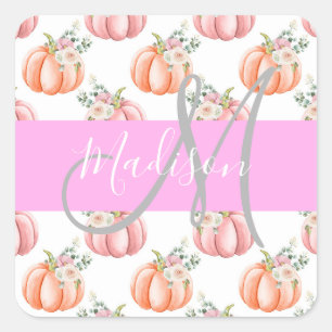 Adesivo Quadrado Chic Floral Branco Rosa Pêssego Abóbora Monograma