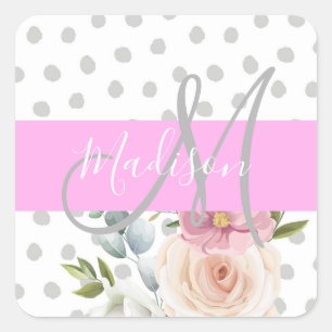 Adesivo Quadrado Chic & Girly Floral Branco Rosa Cinza Monograma No