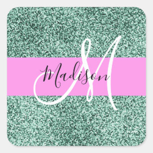 Adesivo Quadrado Chic Glam Rosa Verde Brilho Brilhar Nome Monograma
