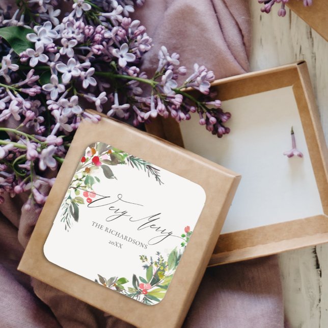 Adesivo Quadrado Chic Holly Berry Pine Muito Feliz Quadro De Natal (Criador carregado)