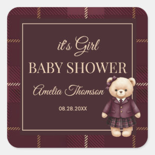 Adesivo Quadrado Chic Luxo Urso de pelúcia baby shower