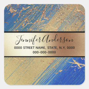 Adesivo Quadrado Chic moderno azul-marble-shimmer metálico Dourado