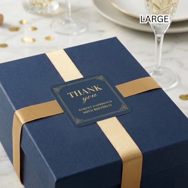 Adesivo Quadrado Chic Navy Gold Art Deco 80th Birthday Thank You (Criador carregado)