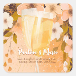 Adesivo Quadrado Chic Peach Floral Champanhe Festa de Chá de Noiva