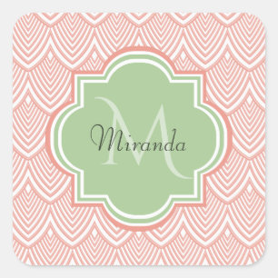 Adesivo Quadrado Chic Pink Arched Scallops Nome do Monograma Verde 