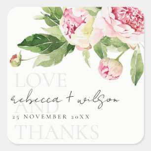 ADESIVO QUADRADO CHIC PINK VERDE PEONY FLORAL AMOR OBRIGADOS CASAME