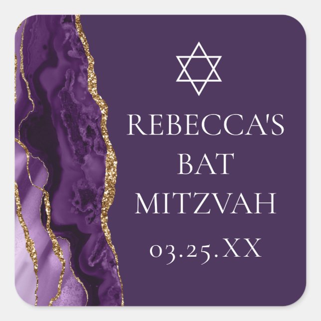 Adesivo Quadrado Chic Purple Dourado Agate Bat Mitzvah (Frente)