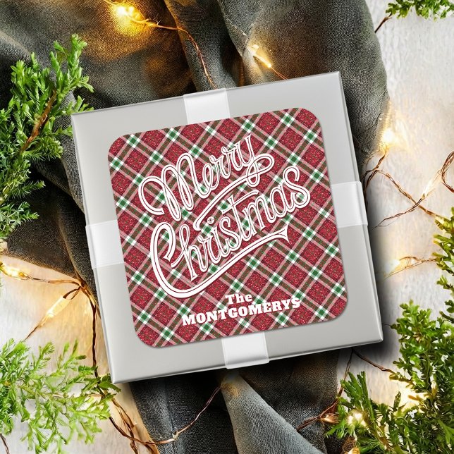 Adesivo Quadrado Chic Sparkly Plaid Christmas  (Chic faux sparkly plaid Christmas square stickers - 3" shown or 1-1/2")