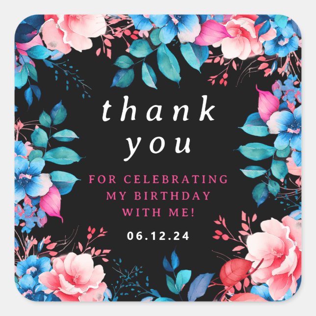 Adesivo Quadrado Chic Watercolor Floral Birday Obrigado Black (Frente)