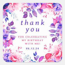 Adesivo Quadrado Chic Watercolor Floral Birthday Obrigado Roxo