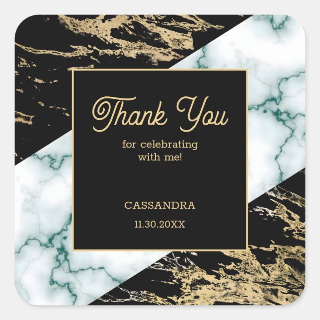 Adesivo Quadrado Chic White Marble Gold Foil Paint Texture Birthday (Frente)