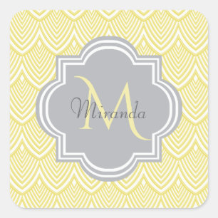 Adesivo Quadrado Chic Yellow Art Deco Scallops Cinza Monograma Nome