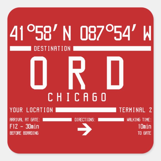 Adesivo Quadrado Chicago O'Hara International Airport Code ORD (Frente)