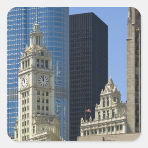 Adesivo Quadrado Chicago, Wrigley Building com Trump Hotel &