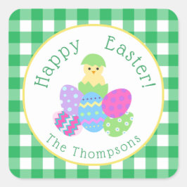 Adesivo Quadrado Chick Colored Eggs Green Check Happy Easter Round