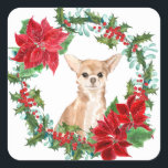 Adesivo Quadrado Chihuahua Dog Poinsettia Christmas Wreath<br><div class="desc">Estes adesivos bonito de Feriado têm uma imagem vintage de uma morango sagrada e coroa vermelha de poinsettia. No centro está um belo retrato aquoso de um adorável Chihuahua. Perfeito para sua correspondência de Natal ou pacotes de presentes!</div>
