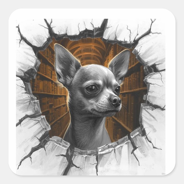 Adesivo Quadrado Chihuahua Peers Through A Grey Wooden Wall (Frente)