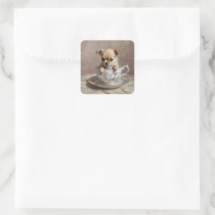 Adesivo Quadrado Chihuahua Puppy em um Teacup,
