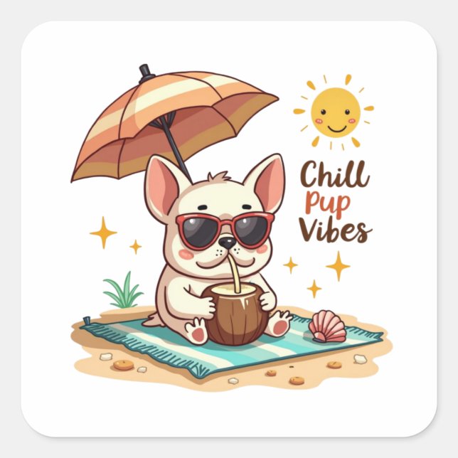 Adesivo Quadrado Chill Pup Vibes Kawaii Bulldog Beach (Frente)