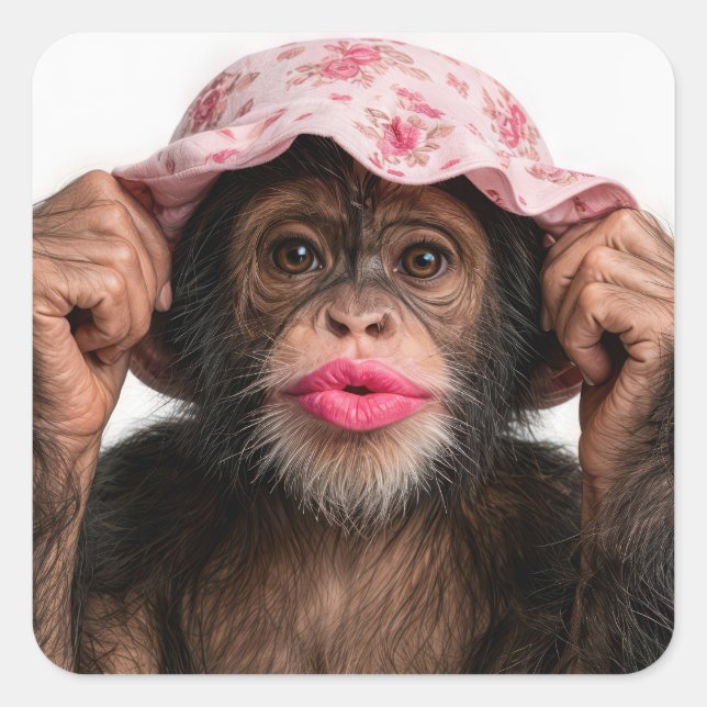 Adesivo Quadrado Chimpanzé Usando Batom Rosa (Frente)