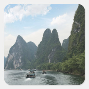 Adesivo Quadrado China, Guilin, Rio Li, Barcos fluviais alinham-se
