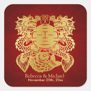 Adesivo Quadrado Chinês de Dupla Felicidade com Dragões