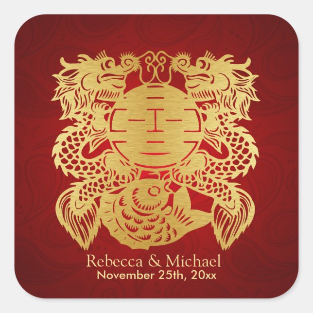 Adesivo Quadrado Chinês de Dupla Felicidade com Dragões (Frente)