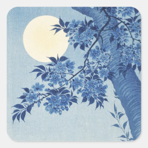 Adesivo Quadrado Chinoiserie Azul-Marinho Flor de Cerejeira & Lua C