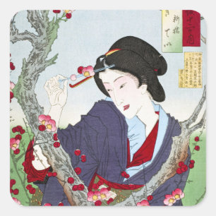 Adesivo Quadrado Chinoiserie Senhora Japonesa & Flor de Cerejeira V