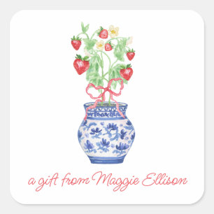 Adesivo Quadrado Chinoiserie Vase de Morangos Vermelhos