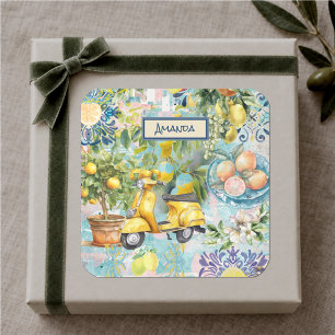 Adesivo Quadrado Chique colagem floral cítrica siciliana azul turqu