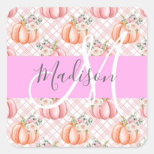 Adesivo Quadrado Chique Floral Rosa Pêssego Abóbora Monograma Nome