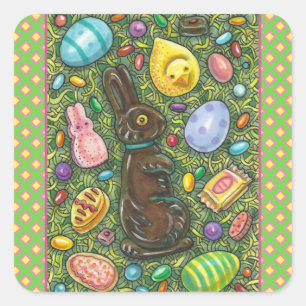 ADESIVO QUADRADO CHOCOLATE LESTE BUNNY, PINTINHO, OVOS, JELLY BEANS