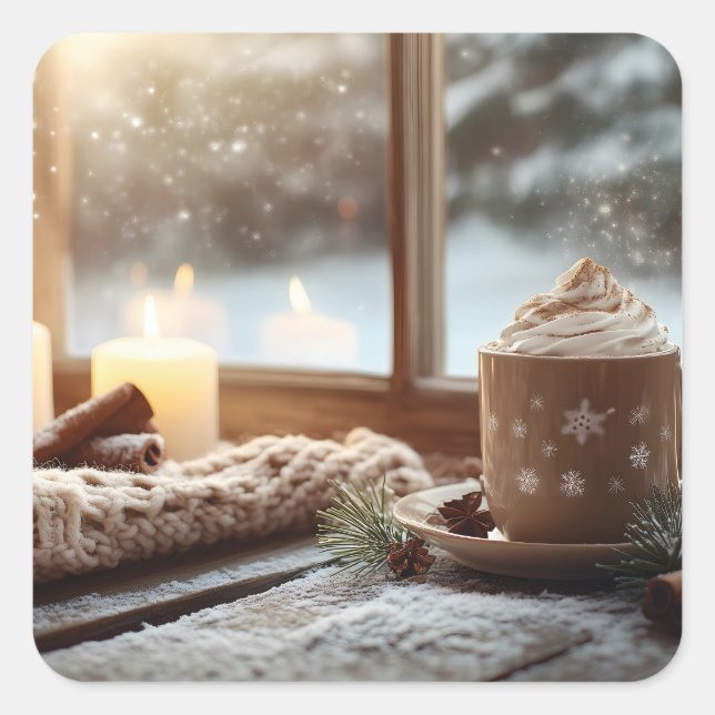 Adesivo Quadrado Chocolate Quente Cozy com Creme e Velas Inverno (Frente)