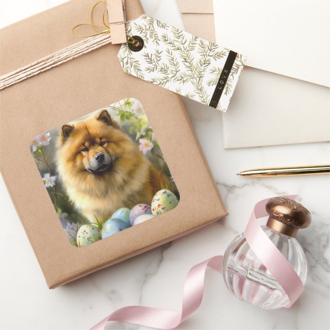 Adesivo Quadrado Chow Chow com Ovos de Páscoa Feriado  (Presentear)