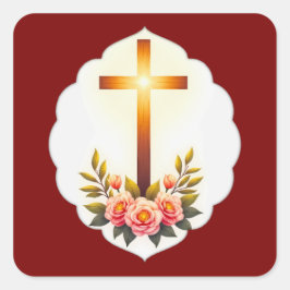 Adesivo Quadrado Christian Easter Cross with Flowers – Autocolante