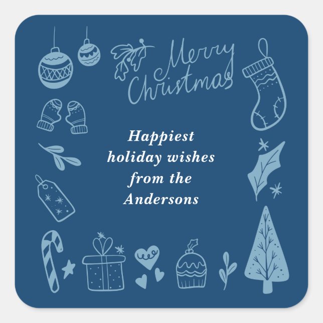 Adesivo Quadrado Christmas Blue Cute Festive Hand Drawn Doodles (Frente)