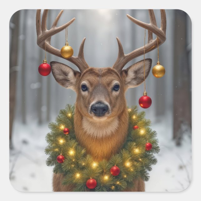 Adesivo Quadrado Christmas Buck Wearing a Glowing Wreath (Frente)