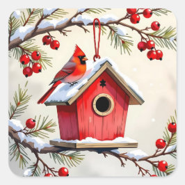 Adesivo Quadrado Christmas Cardinal Birdhouse snowy pine branch