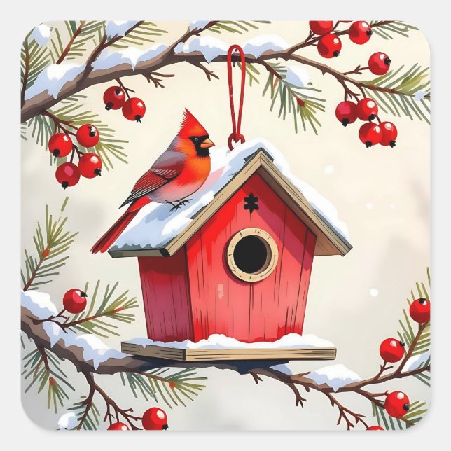Adesivo Quadrado Christmas Cardinal Birdhouse snowy pine branch  (Frente)