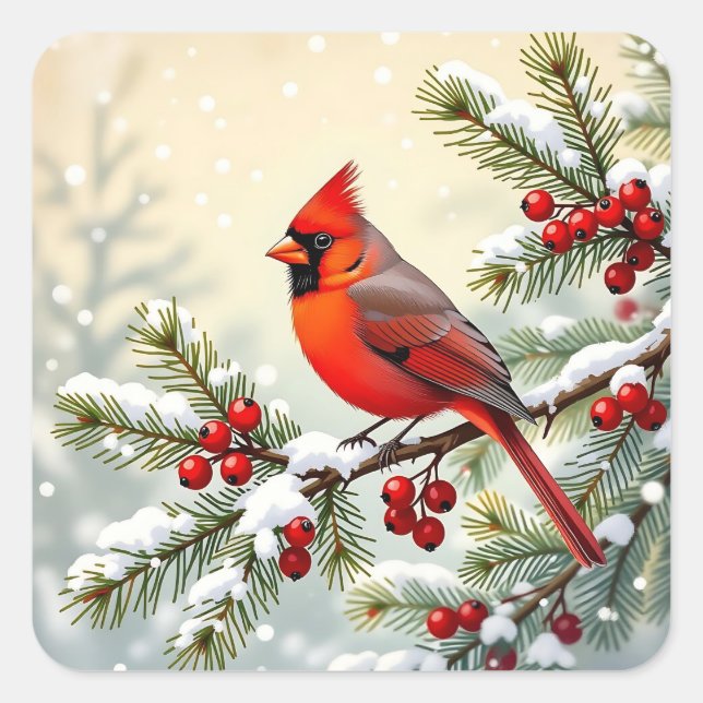 Adesivo Quadrado Christmas Cardinal on snowy pine branch  (Frente)
