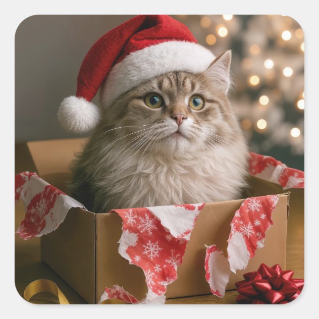 Adesivo Quadrado Christmas Cat in a Box (Frente)