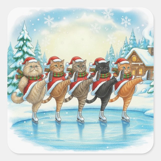 Adesivo Quadrado Christmas Cat Skaters, Stickers (Frente)