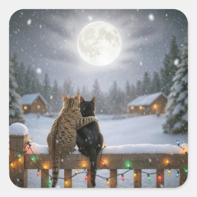 Adesivo Quadrado Christmas Cats Cuddling On a Snowy Fence (Frente)