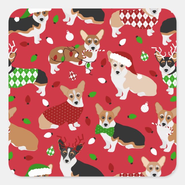 Adesivo Quadrado Christmas Corgi Dogs Square Sticker (Frente)